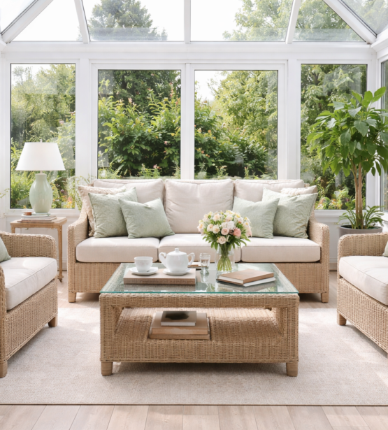 Bright conservatory with wicker furniture